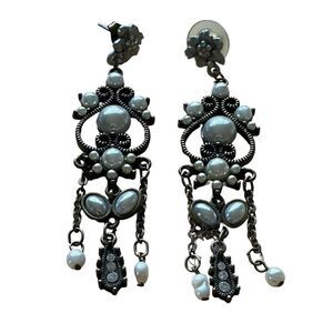 Silver tone earrings crystal rhinestones drop pearl beads holiday gifts for her